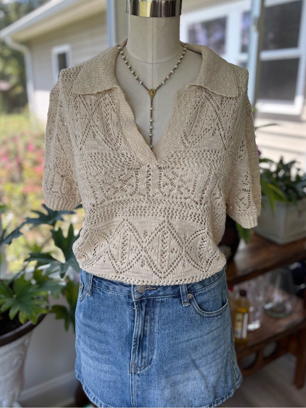 Mango Cream Open-Knit Polo Sweater
